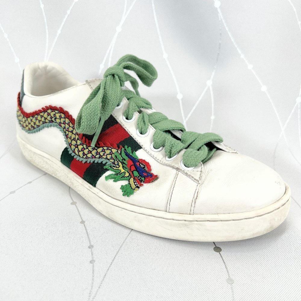 Gucci White Sneakers with Green Laces and Dragon Embroidery